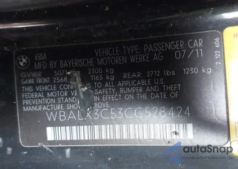 2012 BMW 650I z USA, uszkodzony, nr VIN WBALX3C53CC528424